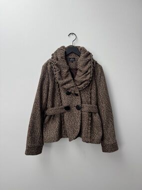 Textured Brown Bouclé Peacoat with Shawl Collar